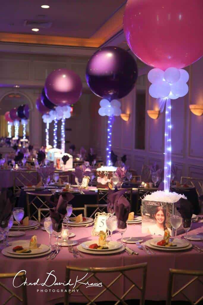 Bat Mitzvah Photo Cube Centerpiece with Alternating Lavender and Purple Balloons and LED Lighting