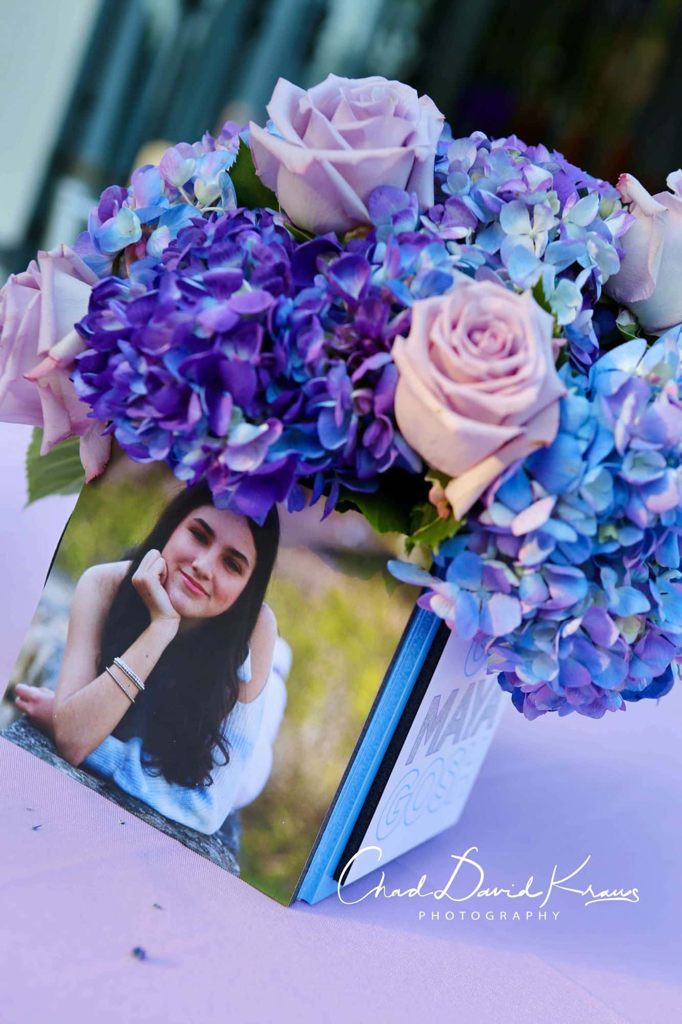 Mini Photo Cube Centerpiece with Floral Arrangement for Bat Mitzvah