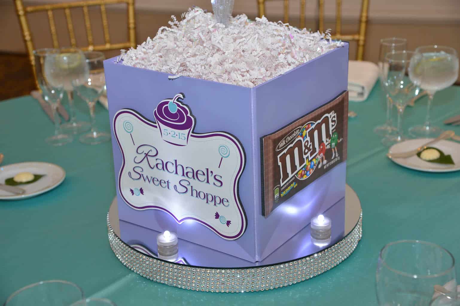 Lavender Candy Cube Centerpiece with Custom Logo and Bling Base