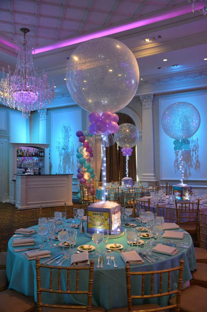 Candy Themed Cube Centerpiece with Silver and Lavender Sparkle Balloon