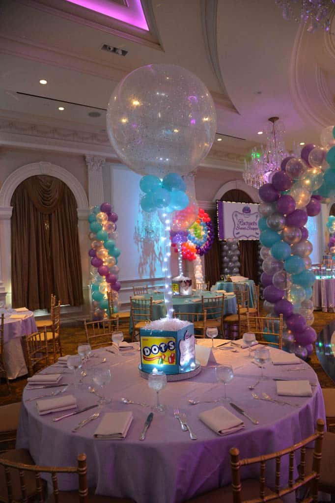 Candy Themed Cube Centerpiece with Tiffany and Lavender Sparkle Balloon
