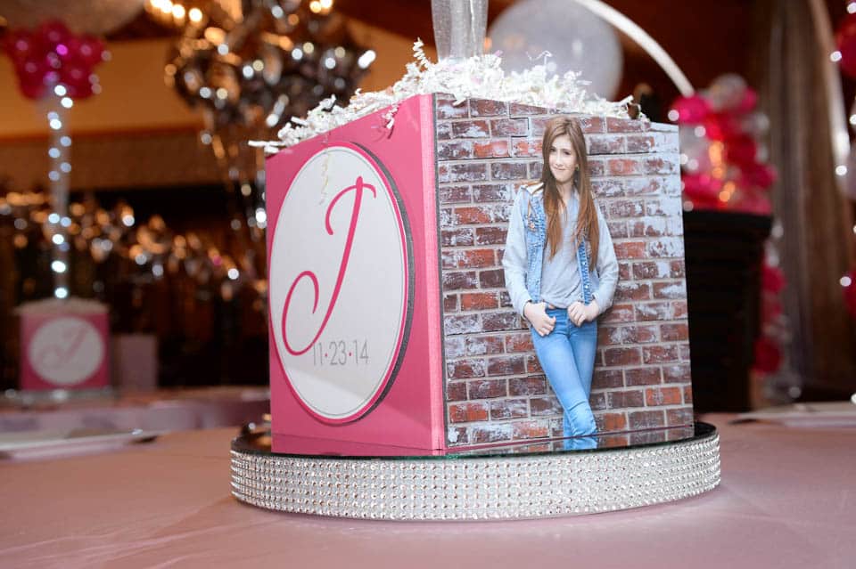 Pink and Silver Themed Bat Mitzvah Photo Cube Centerpiece with Custom Logo