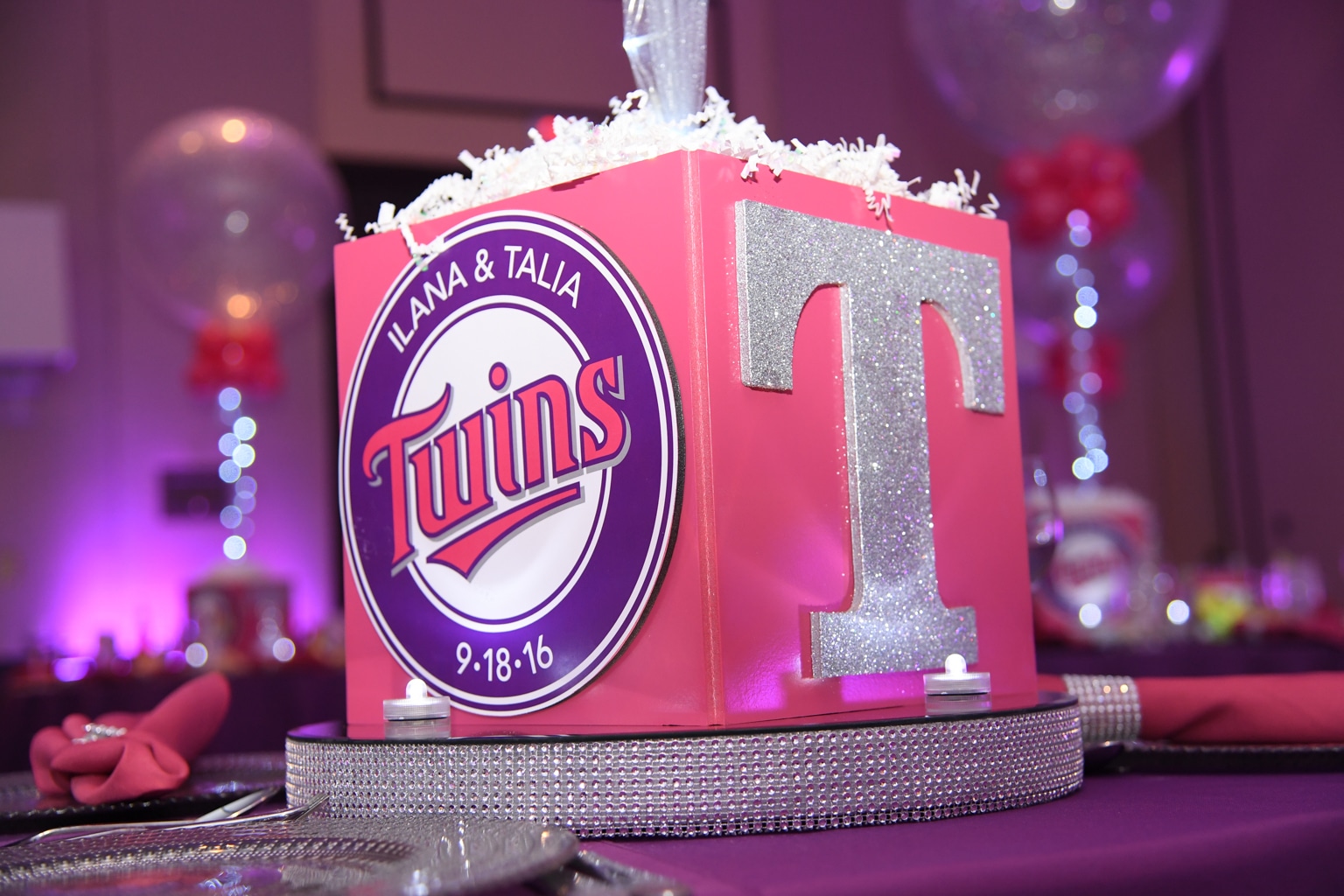 Twins Themed Cube Centerpiece with Glittered Initials and Logos