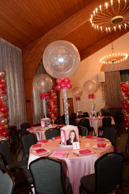 Pink and Silver Themed Bat Mitzvah Photo Cube Centerpiece with Sparkle Balloon and Lights