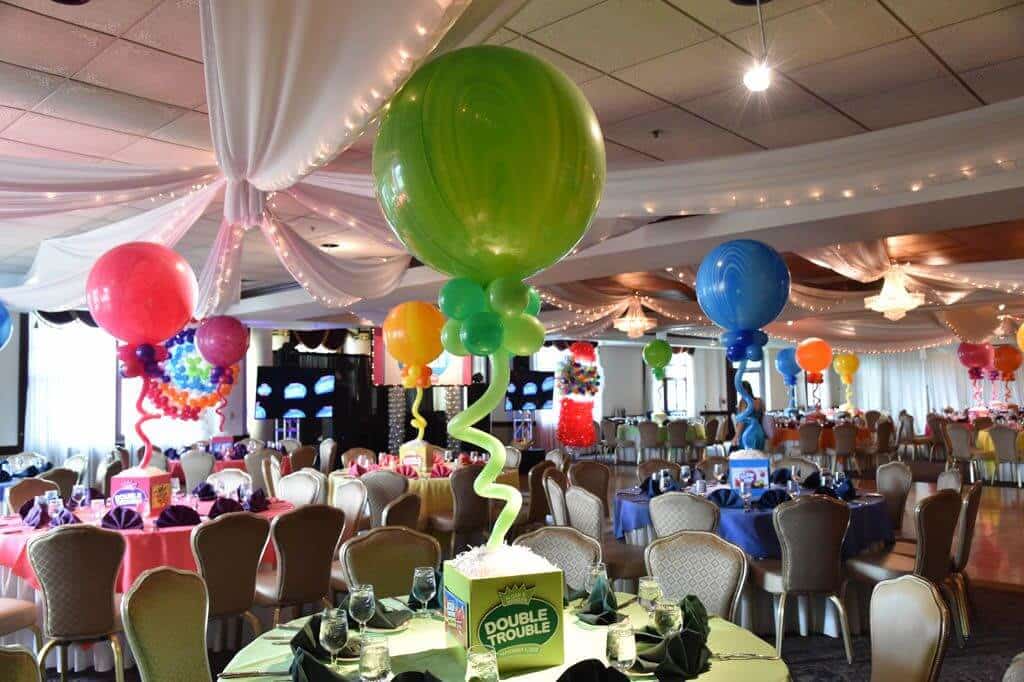 Candy Themed Cube Centerpieces with Marble Balloons