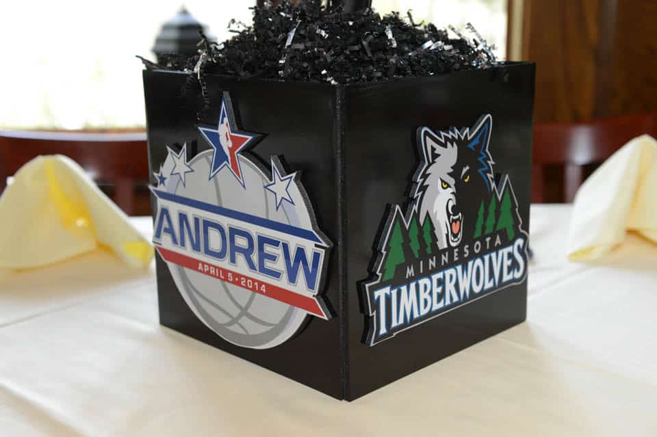 Basketball Themed Photo Cube Centerpiece with Custom Logo and Sports Teams
