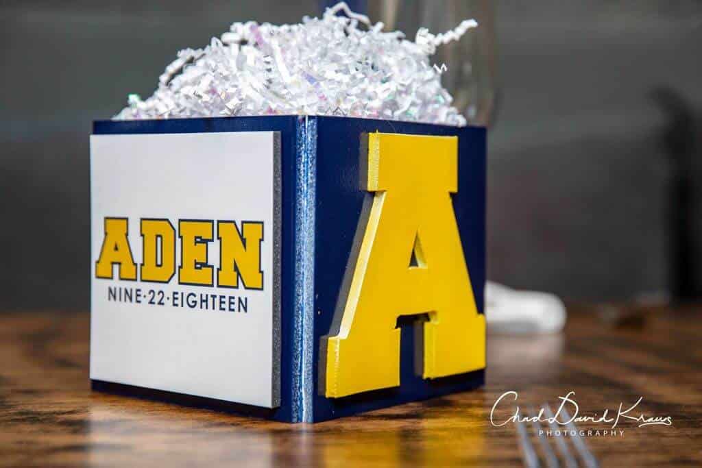 Michigan Themed Cube Centerpiece with Custom Logo and Initial Cutout