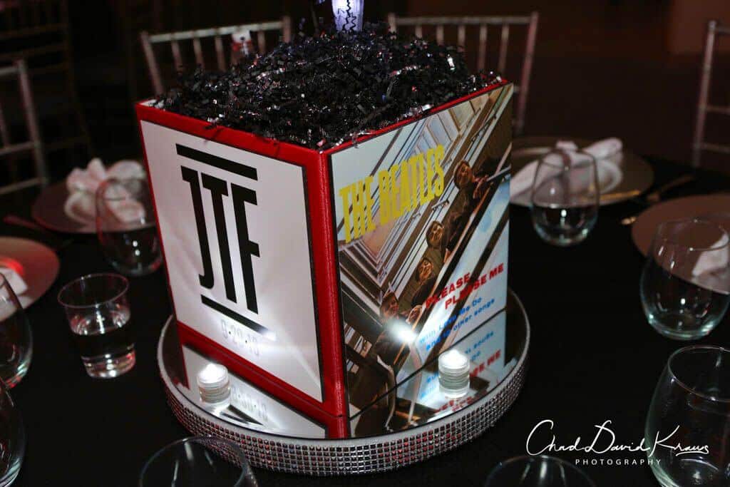 Music Themed Cube Centerpiece with Custom Logo and Album Covers