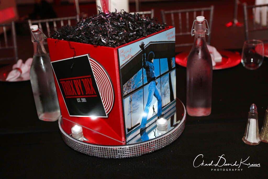 Music Themed Cube Centerpiece with Custom Logo and Album Covers