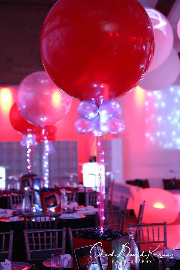Music Themed Cube Centerpiece with Red and Silver LED Balloons