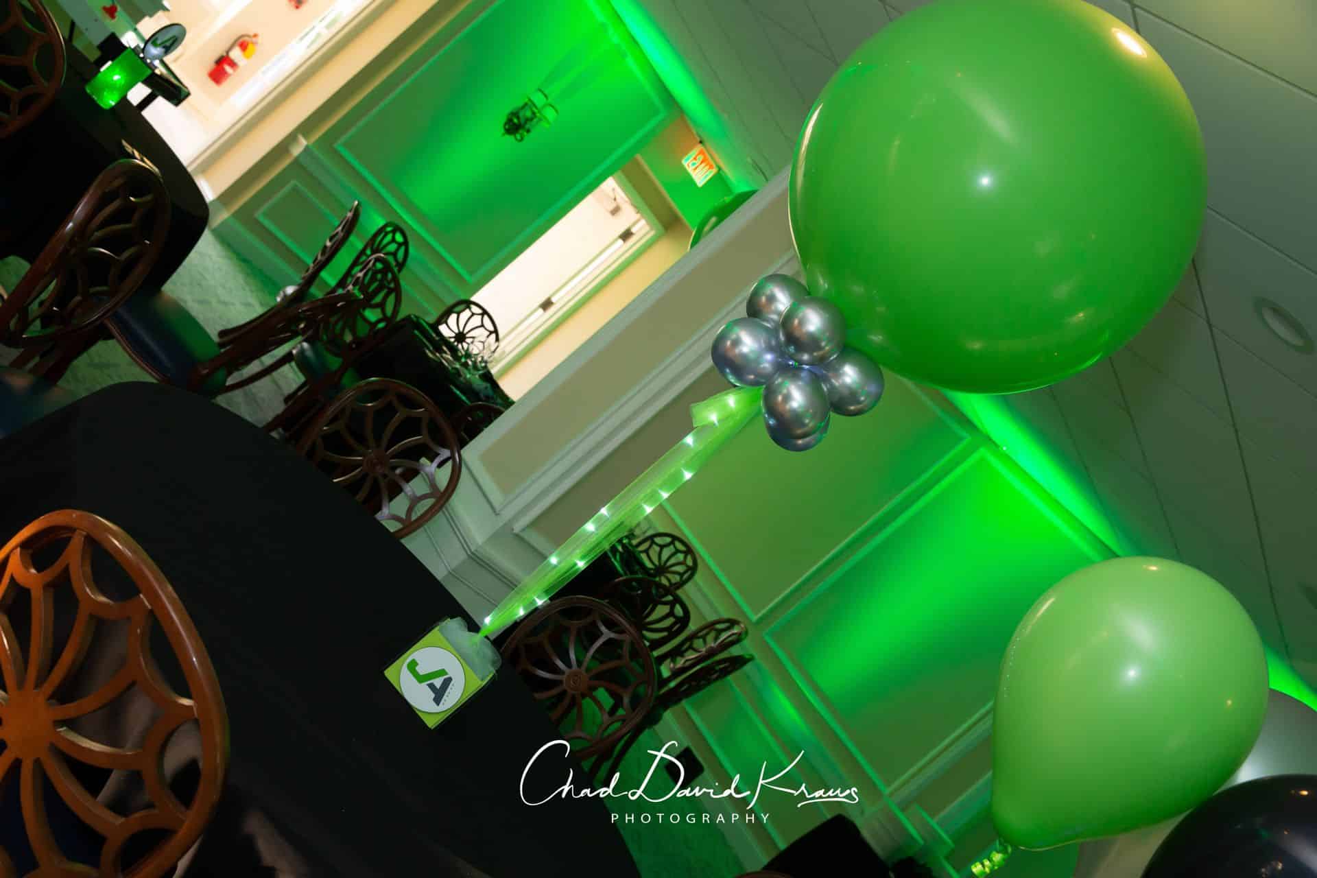 Bar Mitzvah Cube Centerpiece with Lime Green Balloons at Fairview Country Club