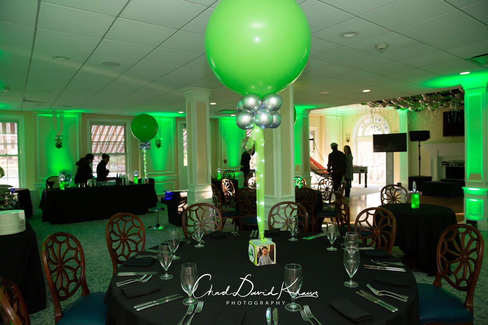 Bar Mitzvah Cube Centerpiece with Lime Green Balloons at Fairview Country Club