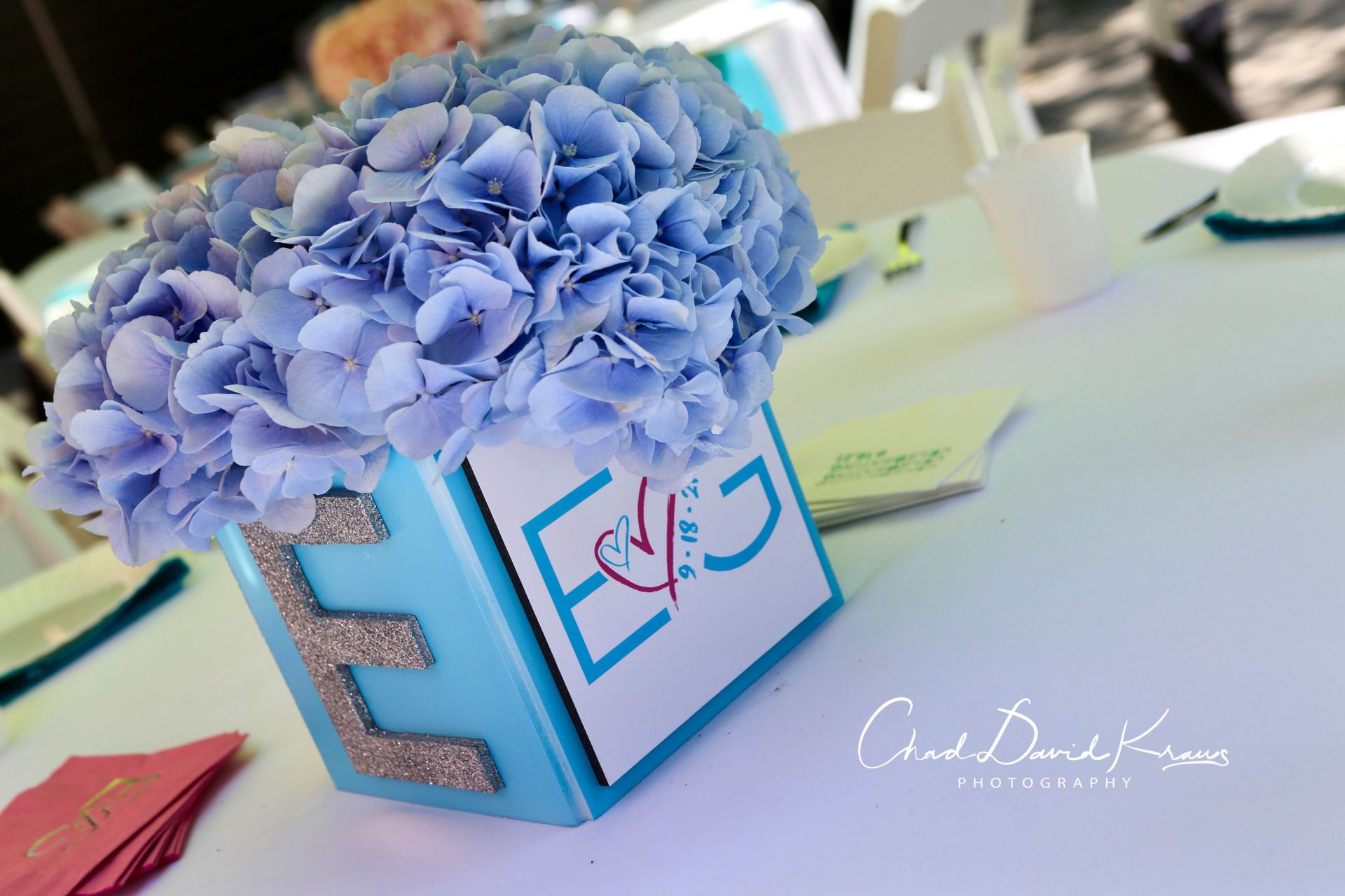 Custom Logo Cube with Glitter Initial as Base for Floral Arrangement