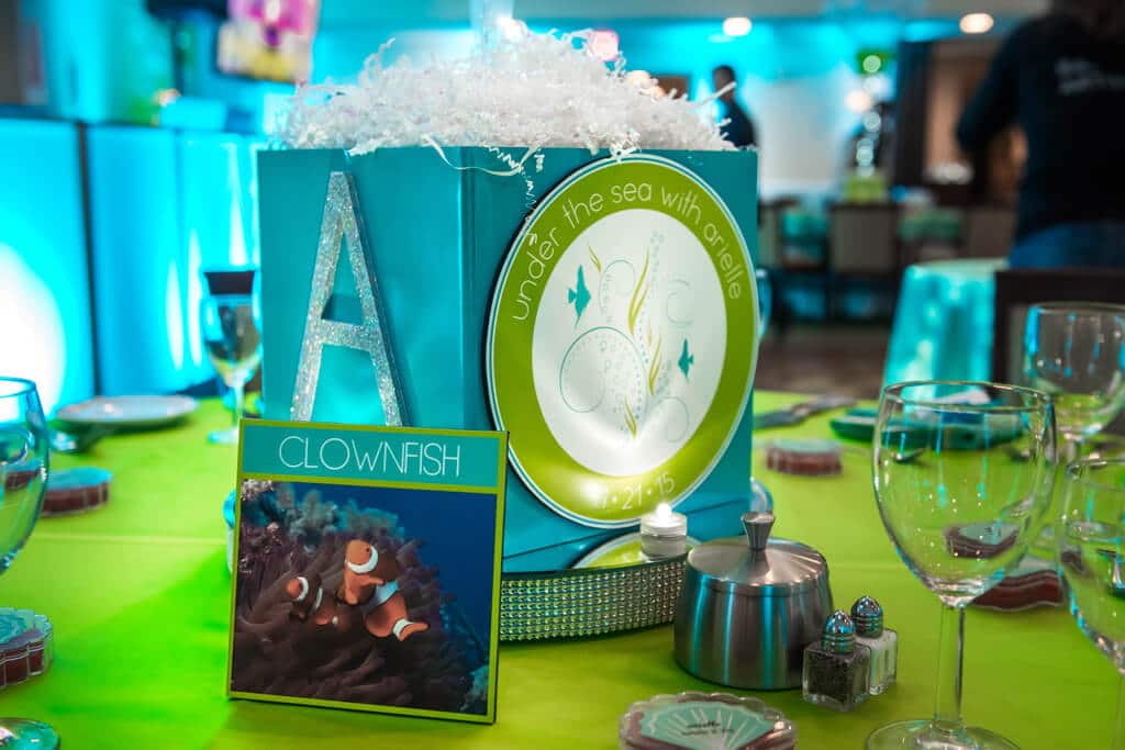 Underwater Themed Cube Centerpiece with Custom Logo and Sparkly Initial