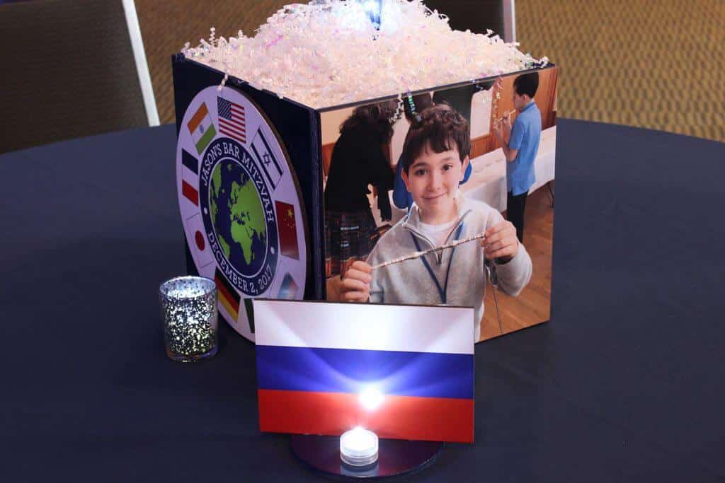 Travel Themed Photo Cube with Custom Logo, Photos and Flag Table Signs