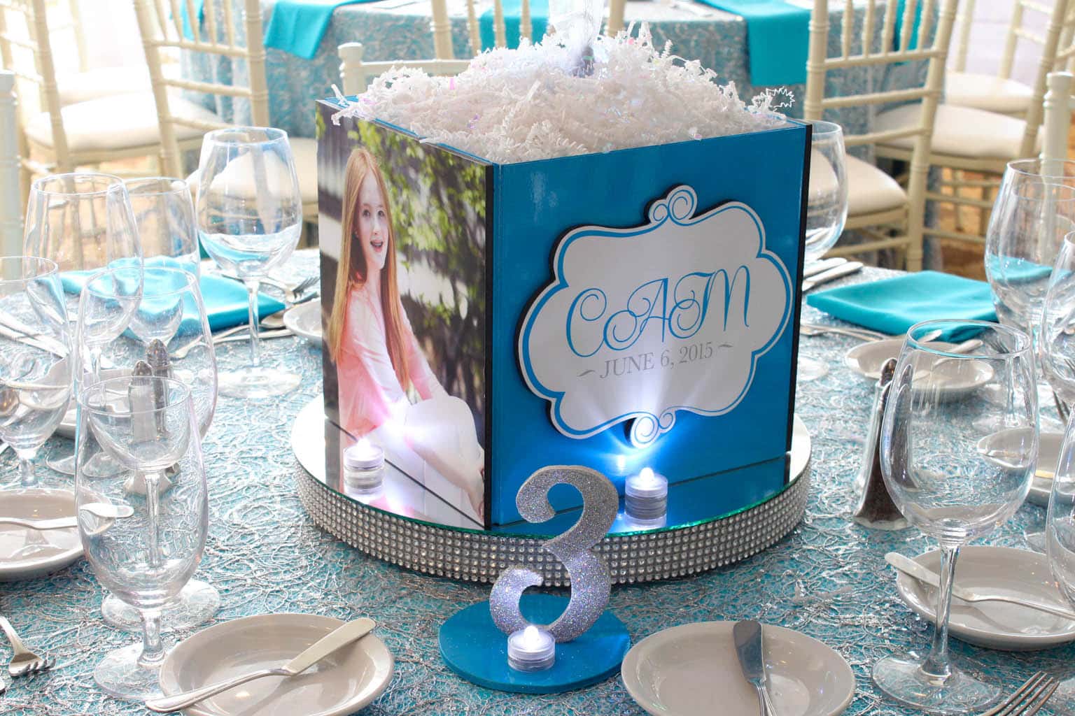 Bat Mitzvah Cube Centerpiece with Photos, Custom Logo and Bling Base