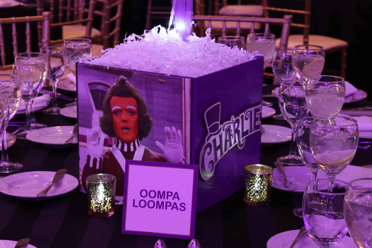 Wonka Themed Photo Cube Centerpiece with Character Photos and Custom Logo