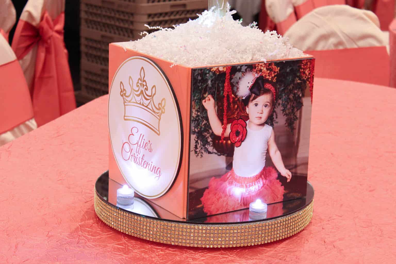 Christening Photo Cube Centerpieces with Custom Logo and Bling Bases