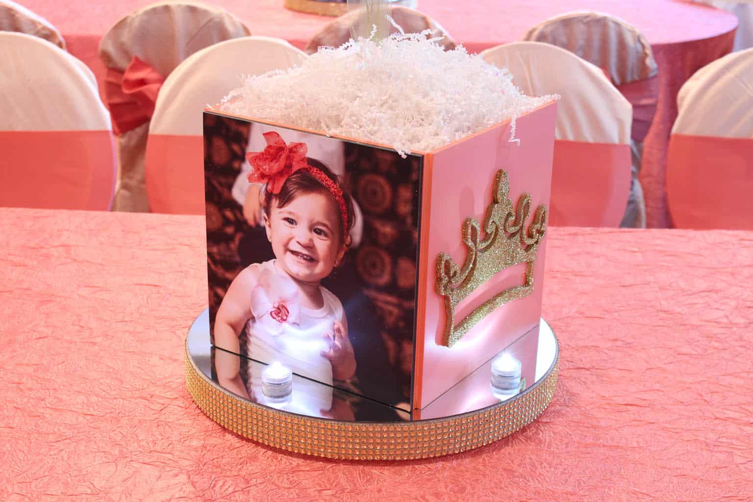 Christening Photo Cube Centerpieces with Custom Logo and Bling Bases