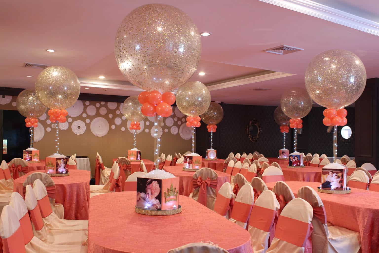 Christening Photo Cube Centerpieces with Custom Logo, Bling Bases and Gold Sparkle Balloons