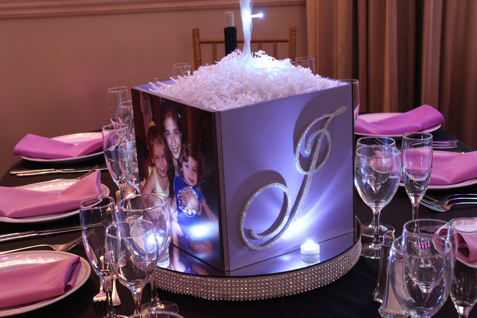 Bat Mitzvah Photo Cube with Sparkly Initial and LED Bling Base