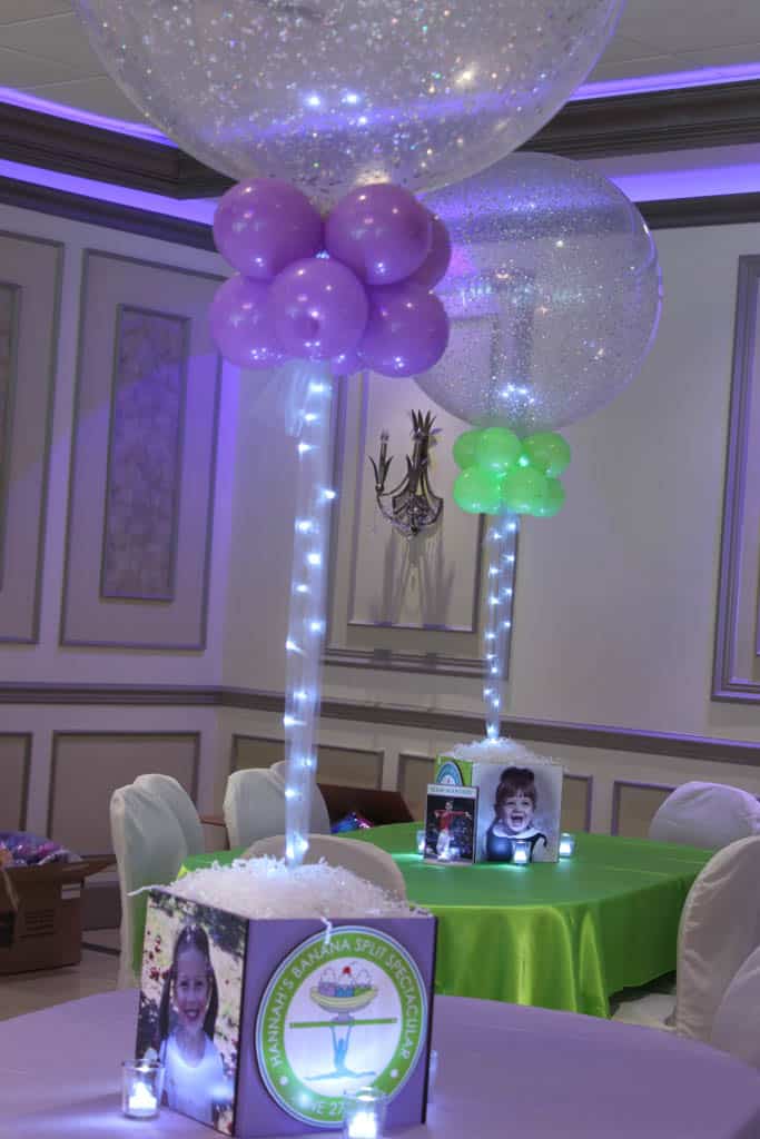 Gymnastics Photo Cube Centerpiece with Sparkle Balloons and Lights