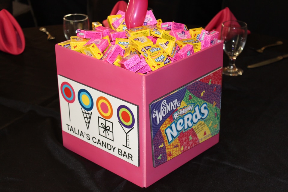 Candy Themed Cube Centerpiece with Custom Logo and Candy Cutouts