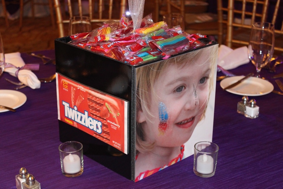 Candy Themed Photo Cube Centerpiece with Candy Filler