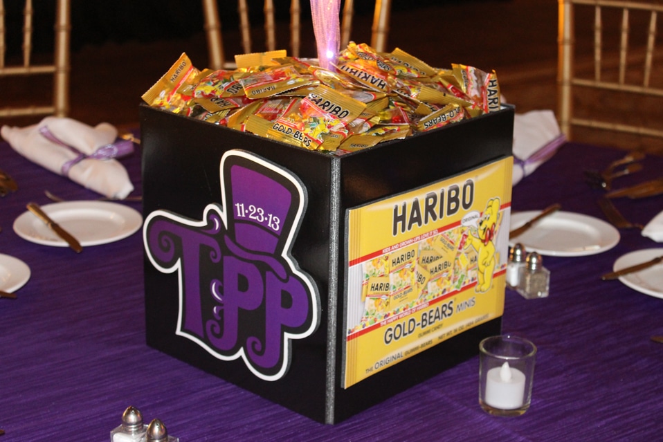 Candy Themed Photo Cube Centerpiece with Custom Logo and Candy Cutouts