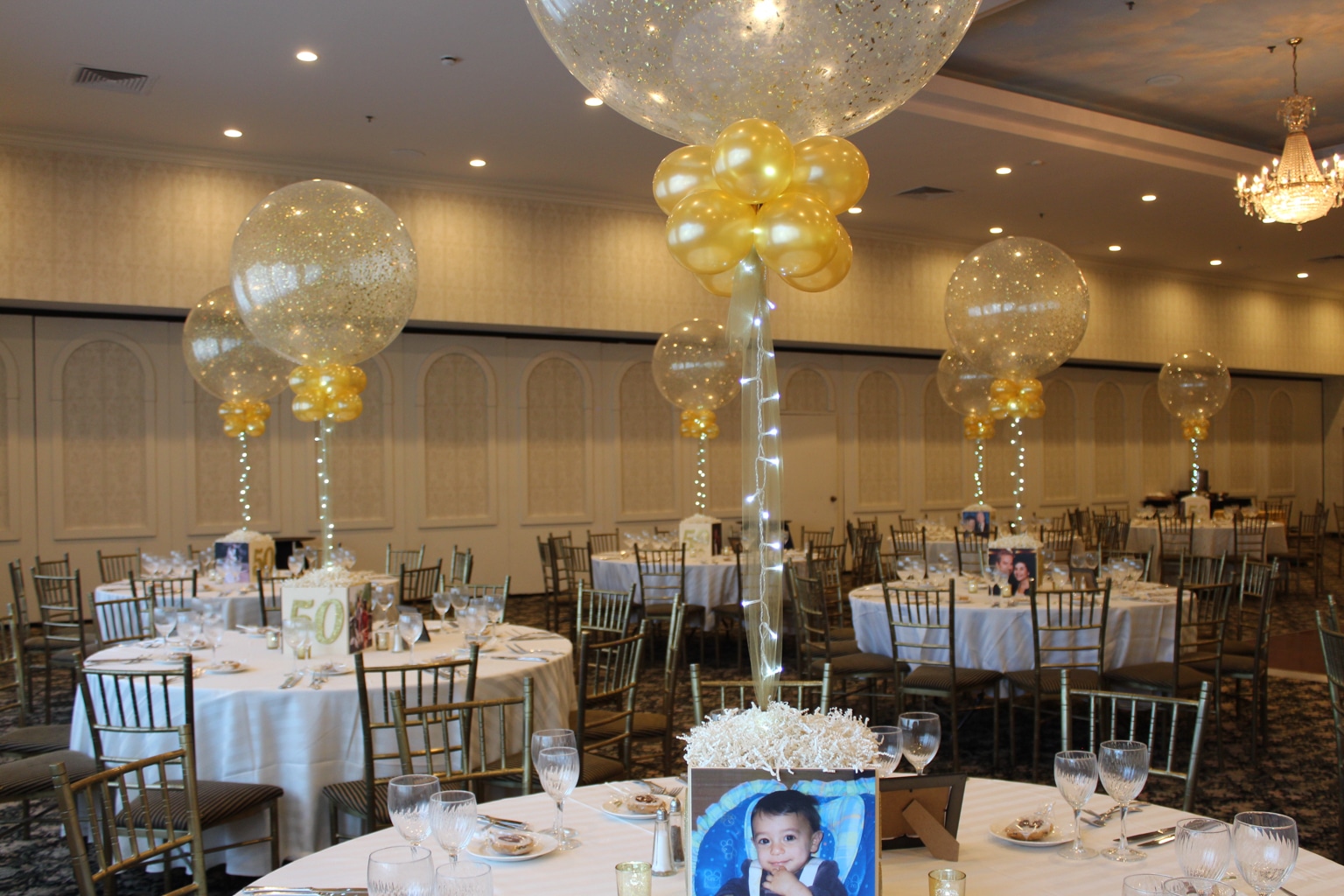 50th Anniversary Cube Centerpieces with Gold Sparkle Balloons