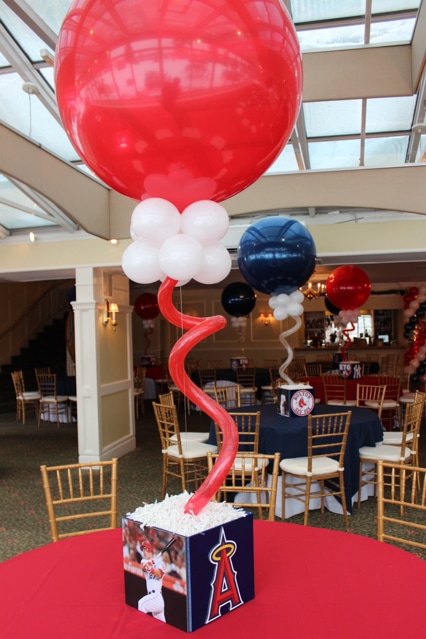 Baseball Themed Photo Cube Centerpieces with Alternating Red and Navy Balloons