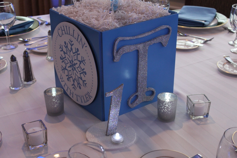 Winter Themed Cube Centerpiece with Custom Logo and Sparkled T