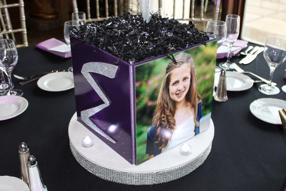 Photo Cube Centerpiece with Silver Sparkly E and Bling Trim Base