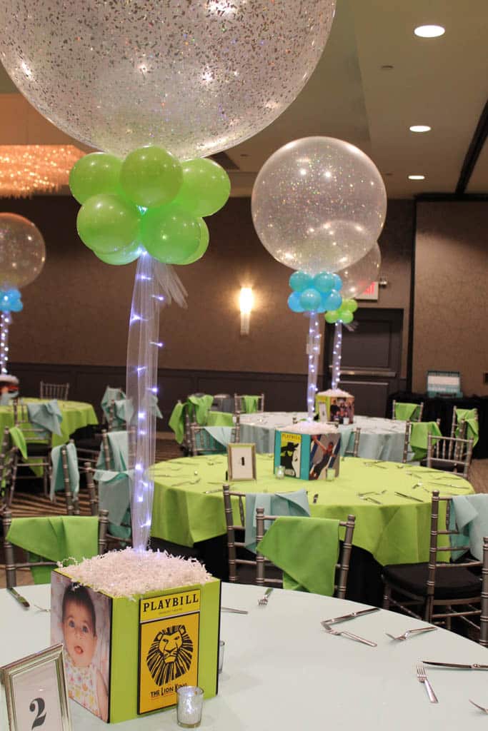Broadway Themed Bat Mitzvah Photo Cube with Playbills and Sparkle Balloons