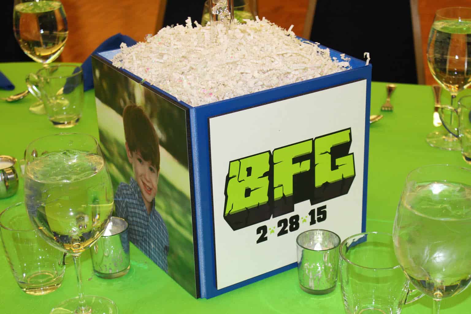 Technology Themed Bar Mitzvah Photo Cube Centerpiece with Custom Logo and Photos