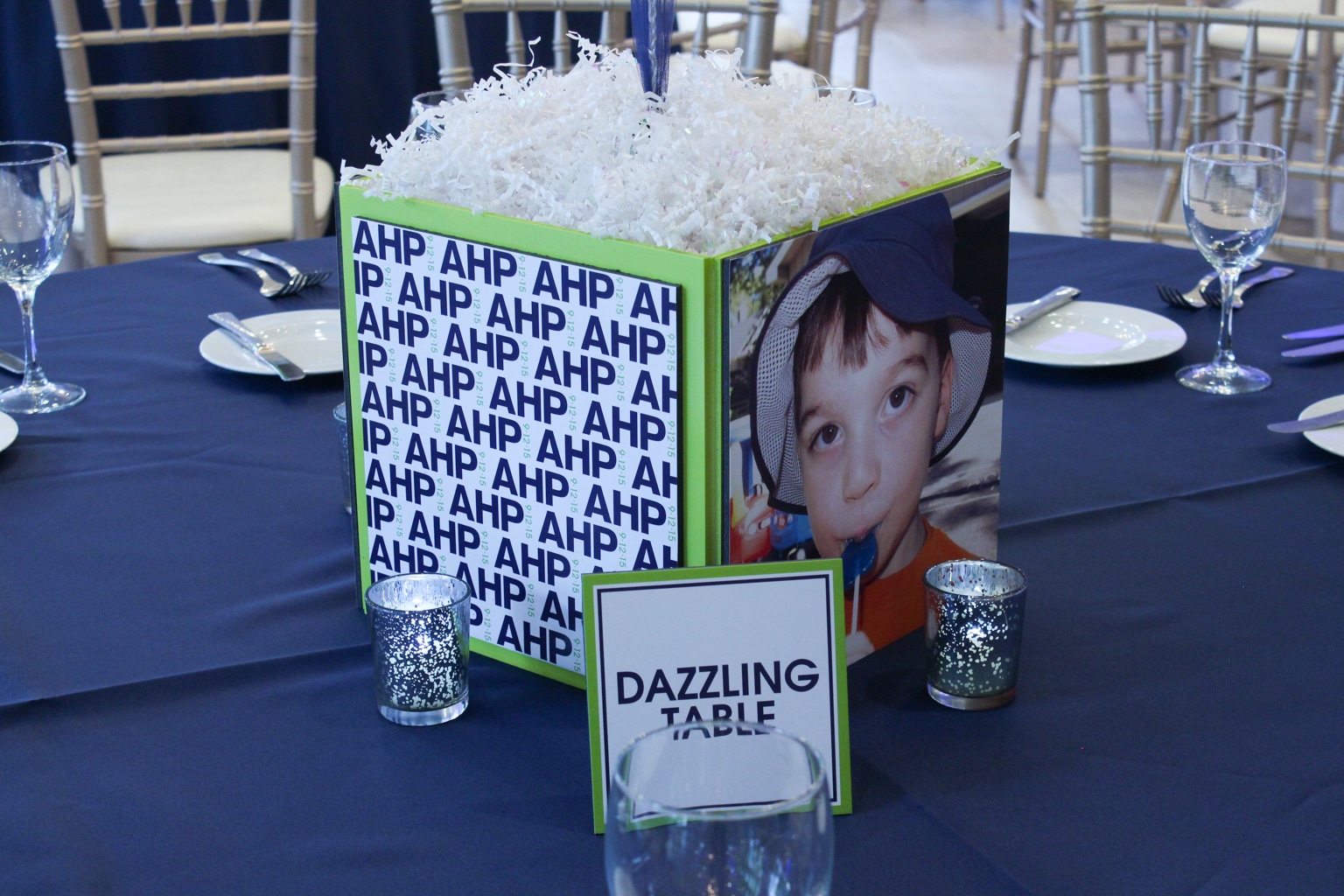 Navy and Lime Cube Centerpieces with Logo Pattern and Photos