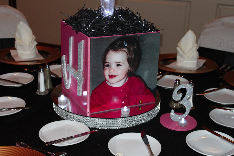 Photo Cube Centerpiece with Bling Base and LED Table Numbers