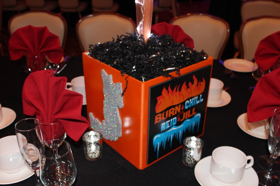 Fire and Ice Themed Photo Cube Centerpiece with Custom Logo and Sparkle Initial
