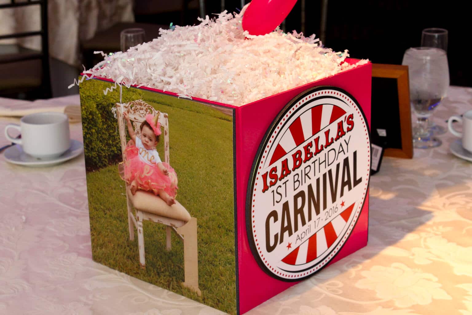 Carnival Themed First Birthday Photo Cube with Custom Logo and Photo