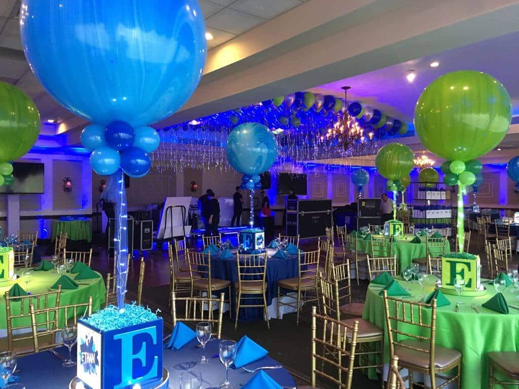 Bar Mitzvah Photo Cube Centerpieces with Initial, Logo and 3' Marble Balloons