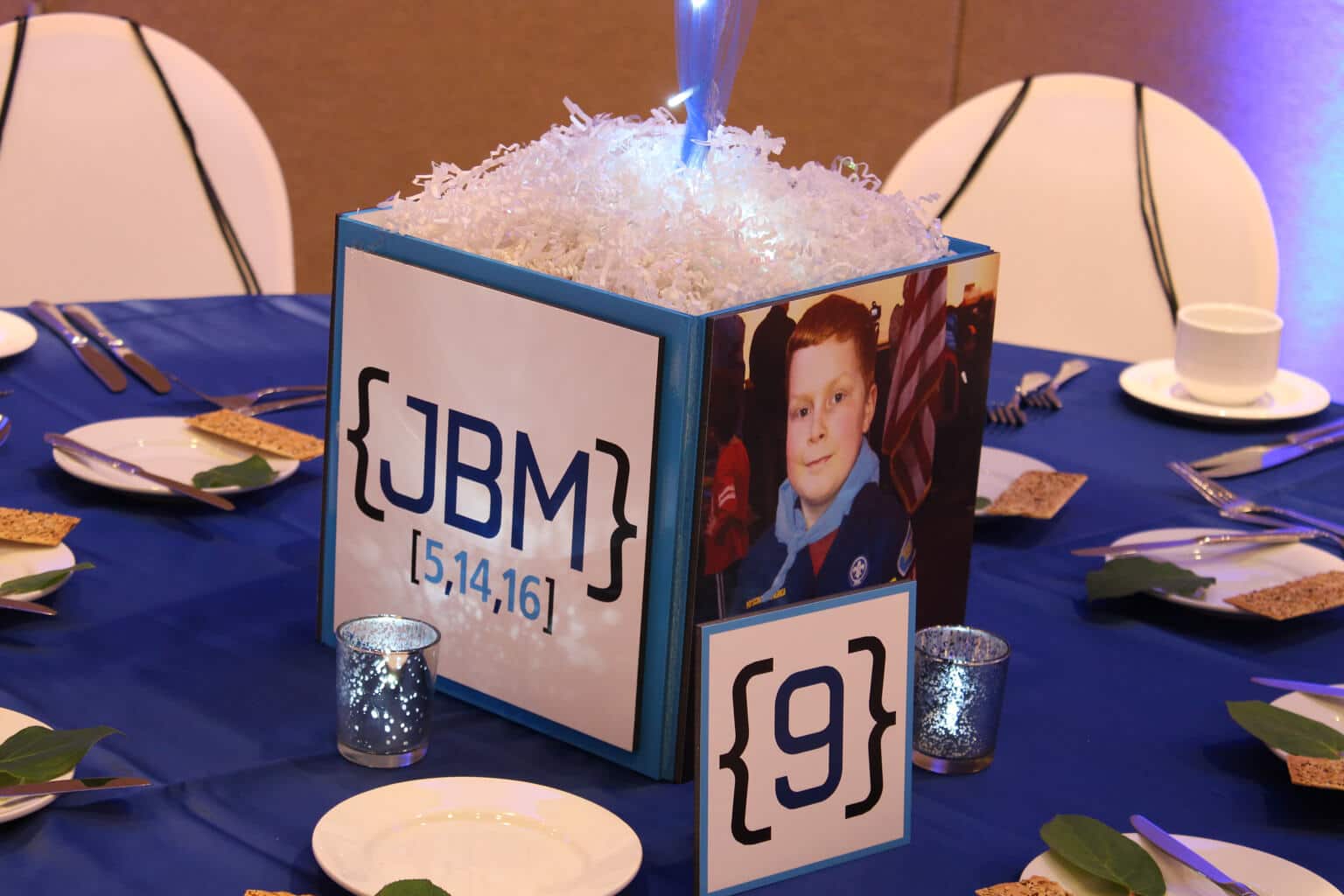 Bar Mitzvah Photo Cube with Custom Logo, Photo and Table Number