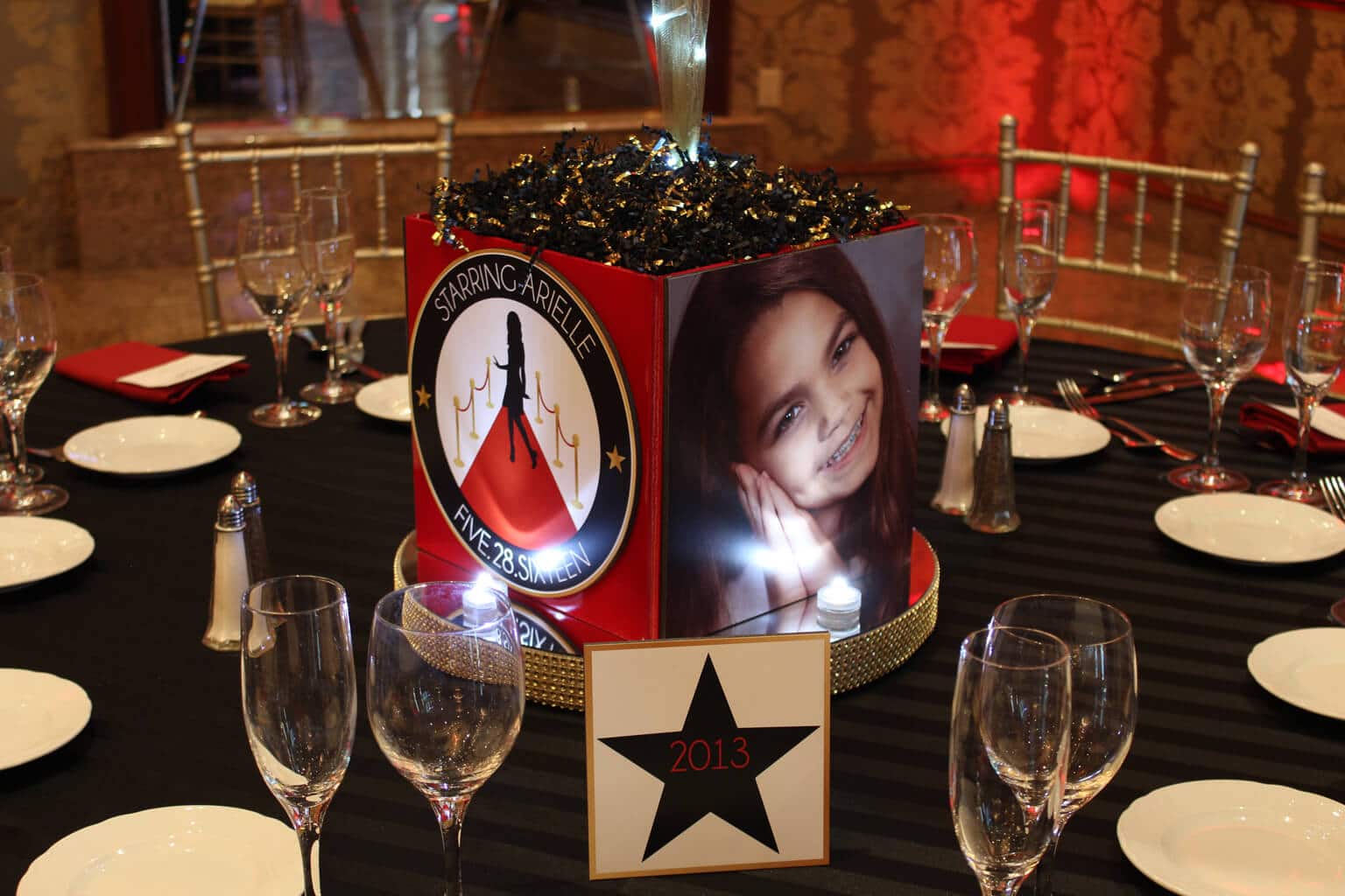 Red Carpet Photo Cube with Custom Logo, Photo and Gold LED Bling Base