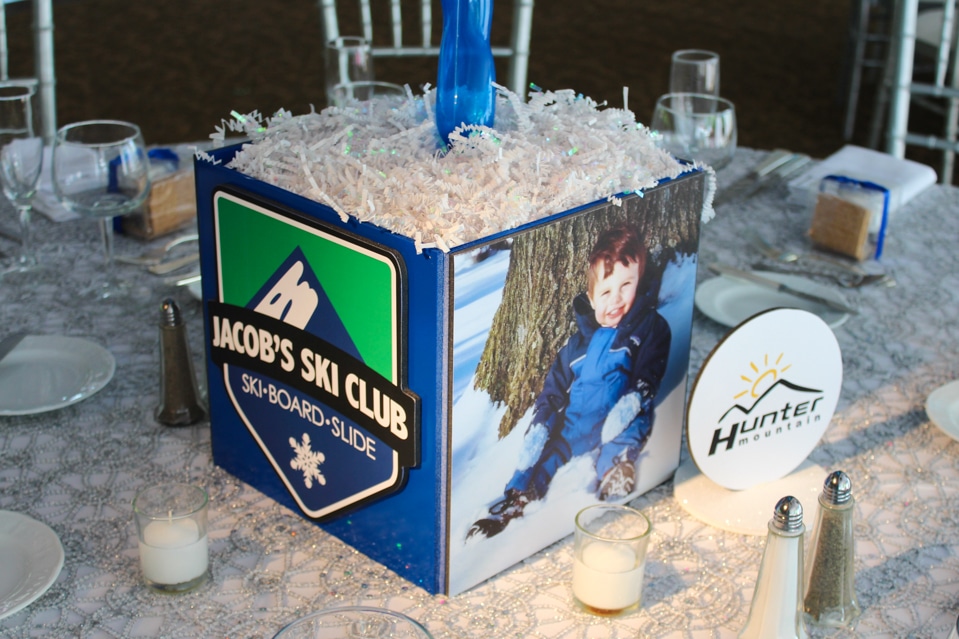 Ski Themed Photo Cube Centerpiece with Custom Logo, Photos and Table Signs