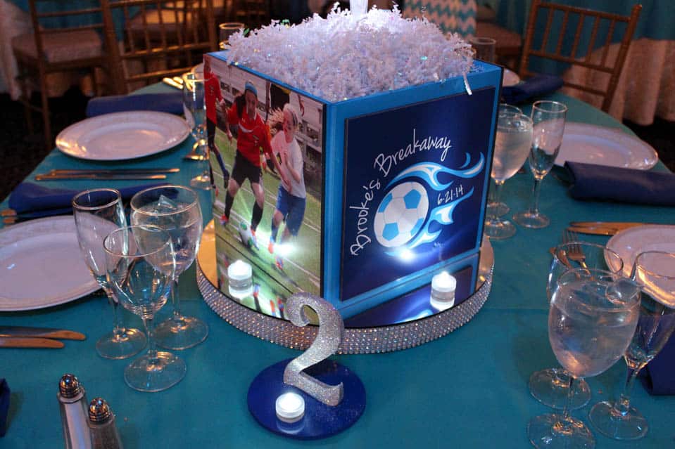 Soccer Themed Photo Cube Centerpiece with Bling Base, LED Lights and Custom Table Numbers