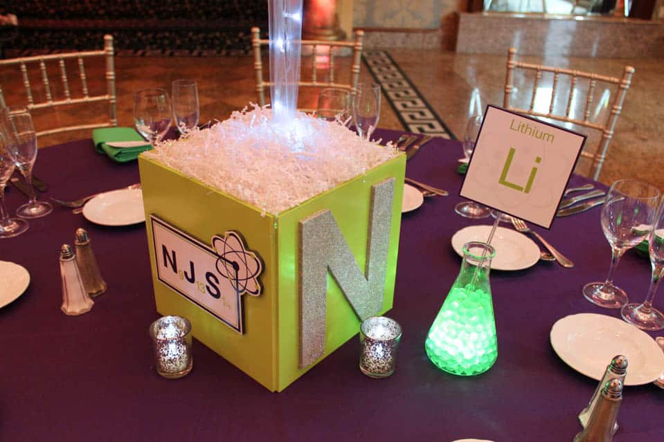 Science Themed Photo Cube Centerpiece with Sparkly Initial and Custom Logo