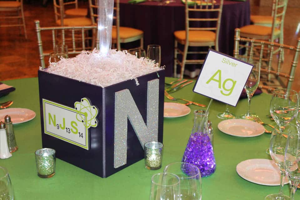 Science Themed Photo Cube Centerpiece with Votive Candles and LED Flask Table Signs