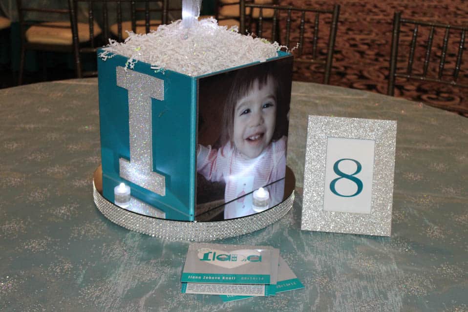 Bat Mitzvah Photo Cube Centerpiece with Sparkly Initial and Bling Base with LED Lights