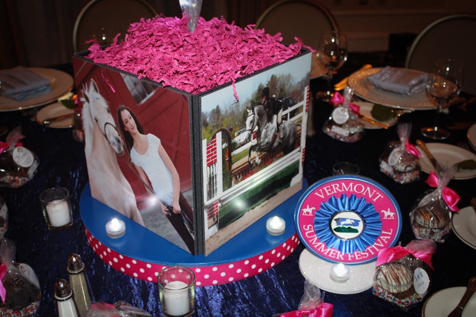 Photo Cube Centerpiece on Platform with LED Lights and Custom Table Sign