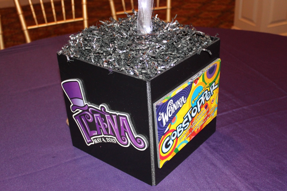 Wonka Candy Themed Centerpiece with Custom Logo and Candy Wrappers