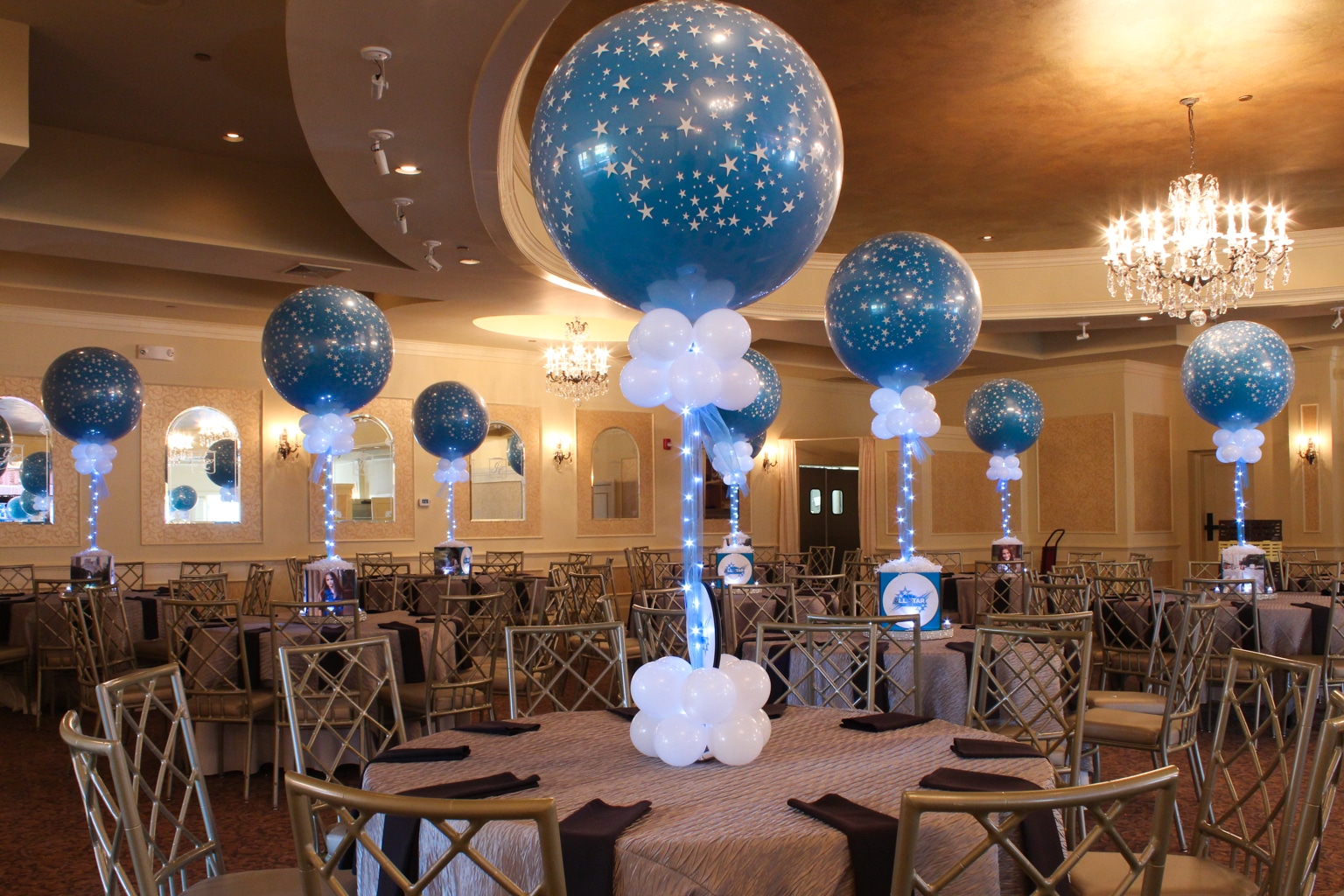 Star Themed Bat Mitzvah Centerpieces with Photo Cubes and LED Balloons